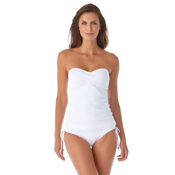 Anne Cole Solid Twist Front Shirred Bandeau Tankini Swim Top Black Large - Picture 8 of 9